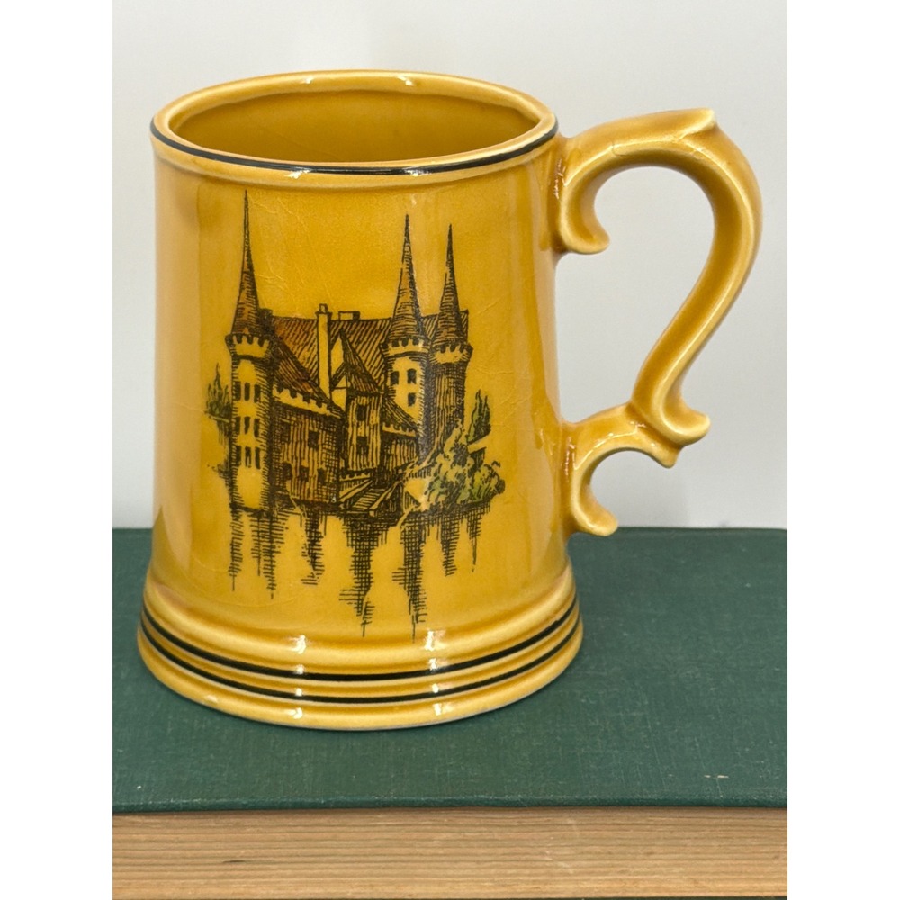 Vintage Enesco Castle Beer Stein Mug Mustard Yellow Ceramic Transferware